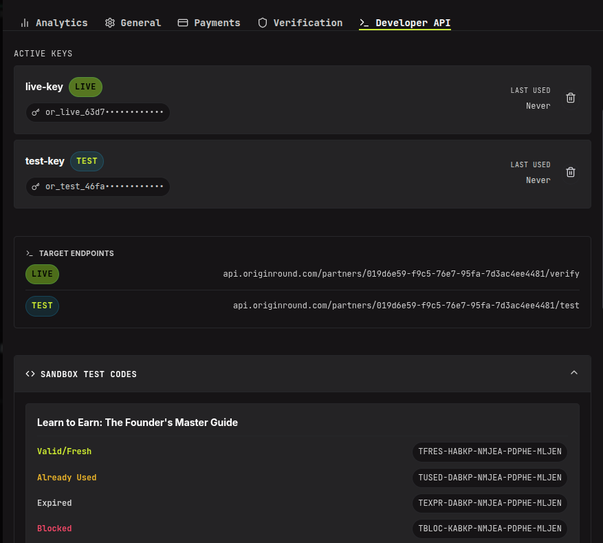 Origin Round Developer API Dashboard
